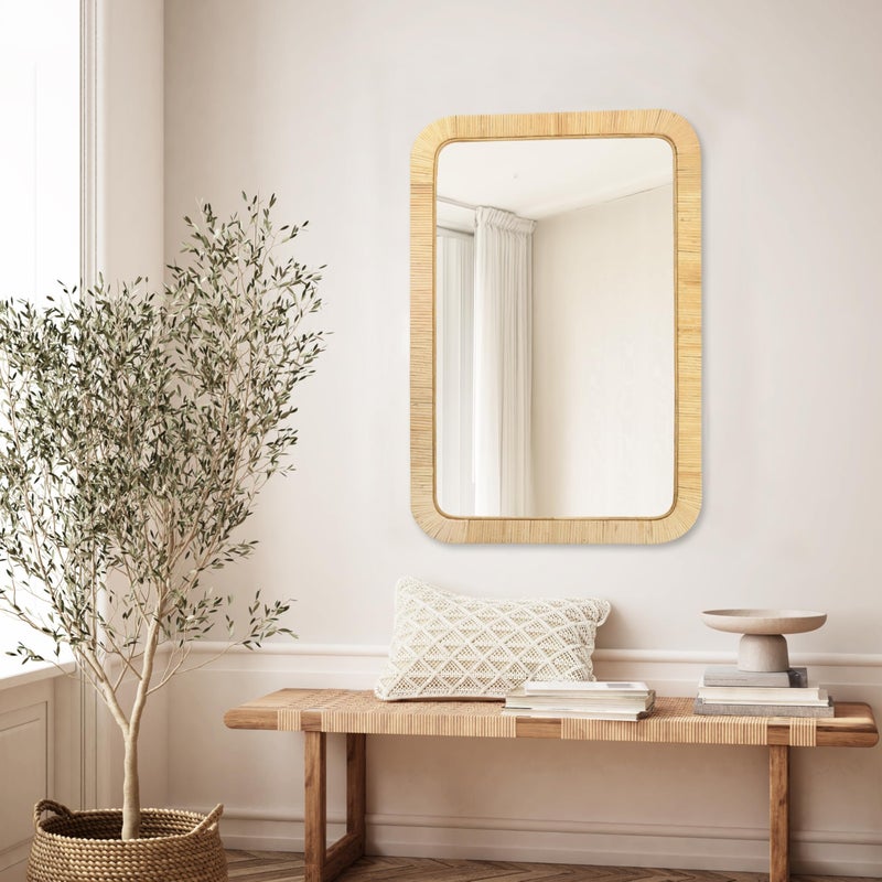 PERFNIQUE Rattan Mirror, 30'' x 20" Rectangle Boho Bathroom Mirror, Decorative Wall Nursery Decor, Rustic Farmhouse Handmade Wicker Mirror for Bathroom Bedroom Entryway Living Room Decor - Image 3