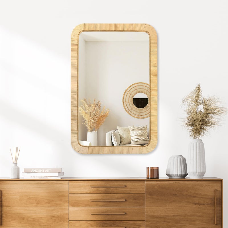 PERFNIQUE Rattan Mirror, 30'' x 20" Rectangle Boho Bathroom Mirror, Decorative Wall Nursery Decor, Rustic Farmhouse Handmade Wicker Mirror for Bathroom Bedroom Entryway Living Room Decor - Image 4
