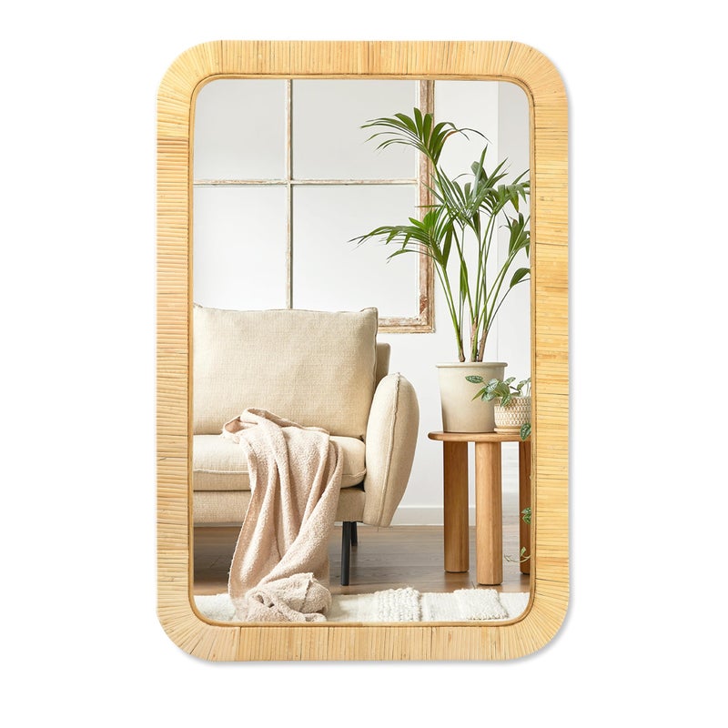 PERFNIQUE Rattan Mirror, 30'' x 20" Rectangle Boho Bathroom Mirror, Decorative Wall Nursery Decor, Rustic Farmhouse Handmade Wicker Mirror for Bathroom Bedroom Entryway Living Room Decor - Image 1