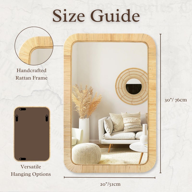 PERFNIQUE Rattan Mirror, 30'' x 20" Rectangle Boho Bathroom Mirror, Decorative Wall Nursery Decor, Rustic Farmhouse Handmade Wicker Mirror for Bathroom Bedroom Entryway Living Room Decor - Image 2