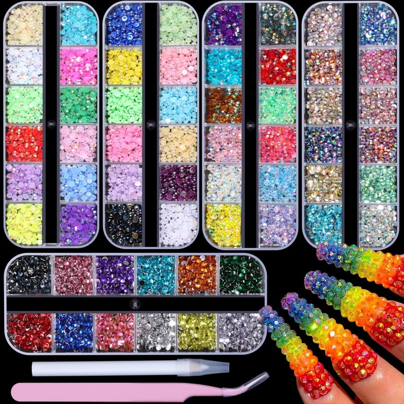 editTime Lingtoolator Oxes Shiny Colorful Nail Art Rhinestones Kit Crystals AB Flatback Jelly Mermaid Pearl Rhinestones Stones Gems with Pick Up Pen and Curved Tweezer (Blue) - Image 1