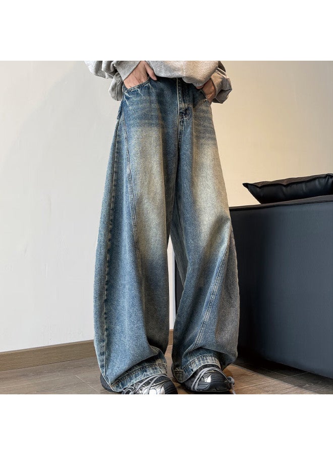 Izexx American-style Wide-leg Curved Knife Jeans For Men, Spring Vintage Straight-leg Loose Floor-length Trousers Mg96 Blue L - Image 3
