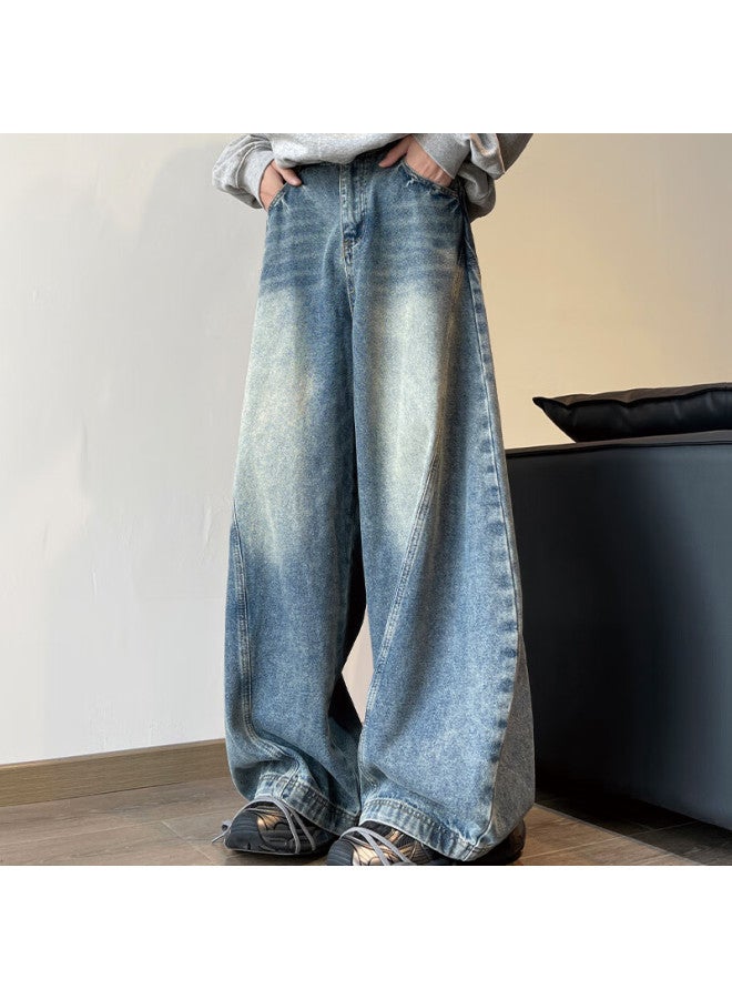 Izexx American-style Wide-leg Curved Knife Jeans For Men, Spring Vintage Straight-leg Loose Floor-length Trousers Mg96 Blue L - Image 5