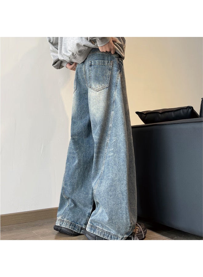 Izexx American-style Wide-leg Curved Knife Jeans For Men, Spring Vintage Straight-leg Loose Floor-length Trousers Mg96 Blue L - Image 2
