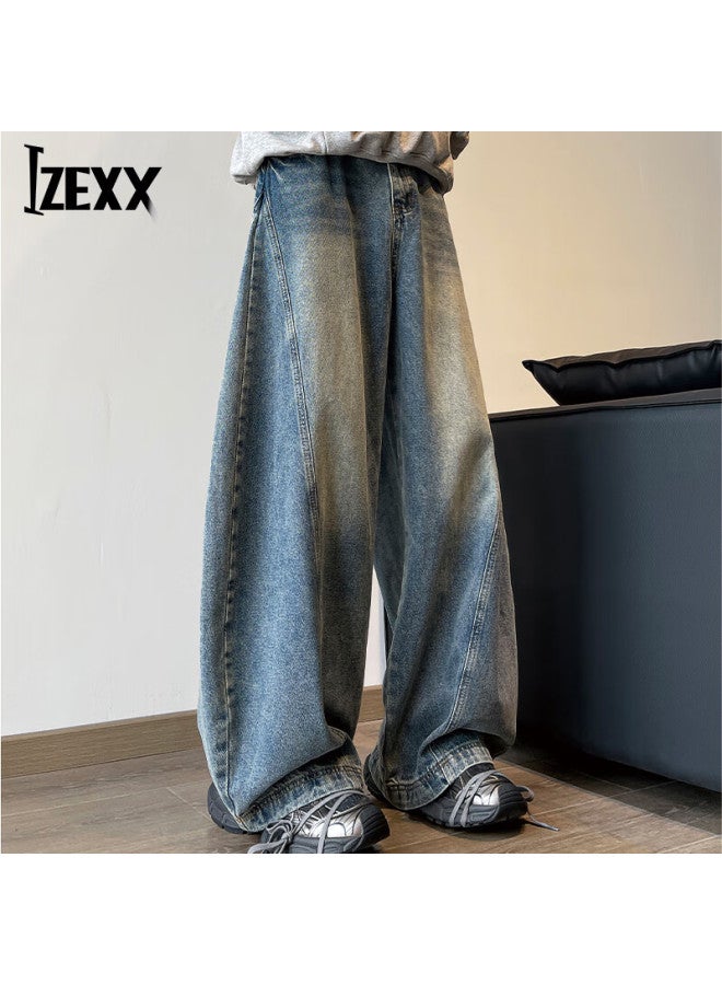 Izexx American-style Wide-leg Curved Knife Jeans For Men, Spring Vintage Straight-leg Loose Floor-length Trousers Mg96 Blue L - Image 1