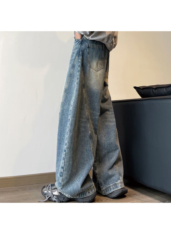 Izexx American-style Wide-leg Curved Knife Jeans For Men, Spring Vintage Straight-leg Loose Floor-length Trousers Mg96 Blue L - Image 4
