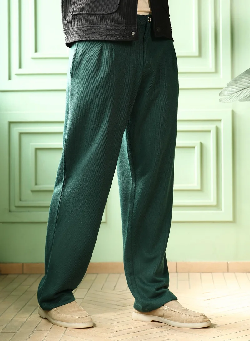 Campus Sutra  Men Pleated-Ribbed Trousers | Mid-Rise, Straight-Fit | Button Closure, Straight Hem | Solid Ribbed | Knitted Fabric For Office & Casual Wear | Sacramento Green for Men | Best Price UAE