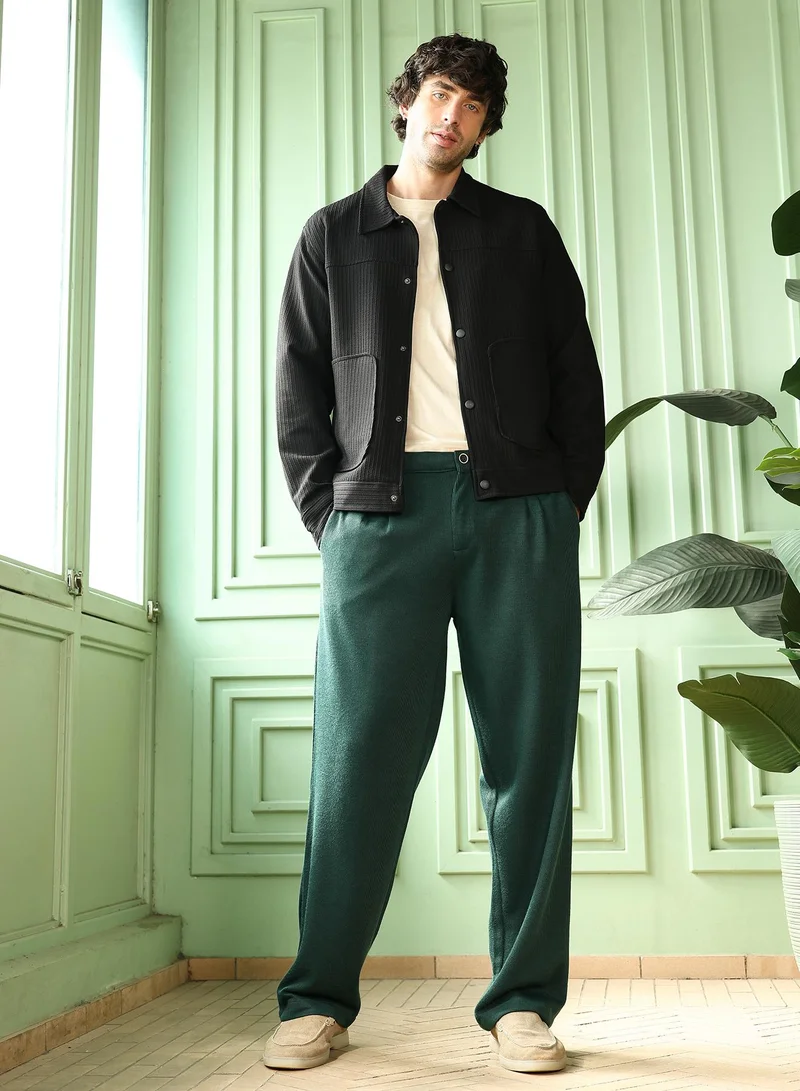 Campus Sutra  Men Pleated-Ribbed Trousers | Mid-Rise, Straight-Fit | Button Closure, Straight Hem | Solid Ribbed | Knitted Fabric For Office & Casual Wear | Sacramento Green for Men | Best Price UAE