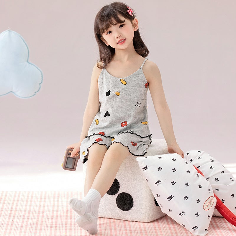 Modal Girls' Pajamas Summer Suspender Cool Vest Girls Cute Super Cute Home Clothes Set - Image 3