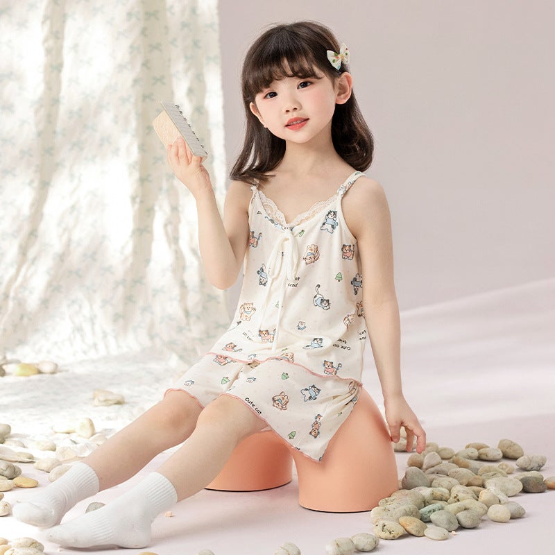 Modal Girls' Pajamas Summer Suspender Cool Vest Girls Cute Super Cute Home Clothes Set - Image 4