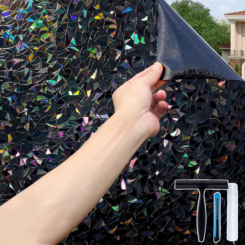 Volcanics Total-Blackout-Window-Privacy-Film, Rainbow Room Darkening Black Window Cover, Static Cling 100% Light Blocking 17.5 x 78.7 Inches - Image 1