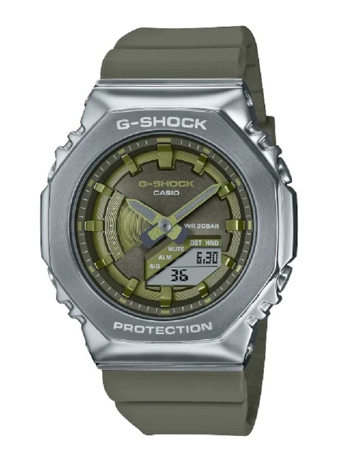 جي شوك ساعة رجالية جي- شوك الرقمية المغطاة بالمعدن ومينا اخضر اللون بسوار من الراتنج GM-S2100-3ADR - Image 1