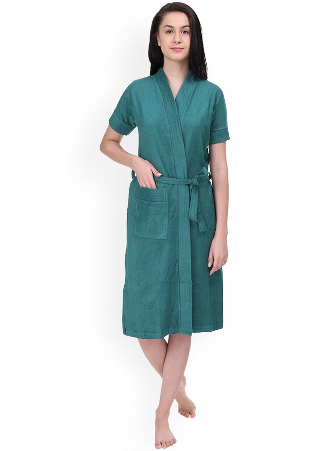 Red Rose RedRose Teal Solid Cotton Drawstring Knee Length Bath Robe - XL - Image 1