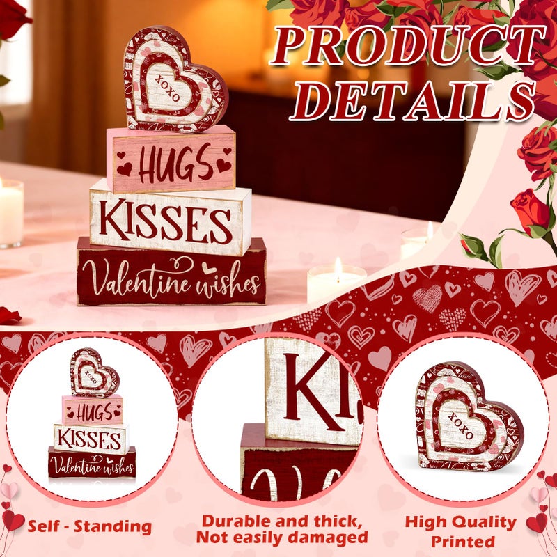 Britimes 7Pcs Valentineâ€™s Day Table Decor Hugs Kisses Red Valentine Heart Tiered Tray Decorations Set Rustic Farmhouse Wooden Stack Block Signs Tabletop Decor for Table & Home Office Gift - Image 4