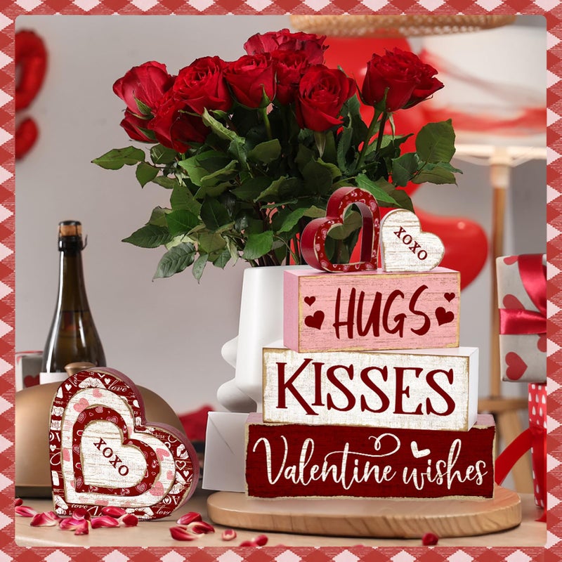 Britimes 7Pcs Valentineâ€™s Day Table Decor Hugs Kisses Red Valentine Heart Tiered Tray Decorations Set Rustic Farmhouse Wooden Stack Block Signs Tabletop Decor for Table & Home Office Gift - Image 2