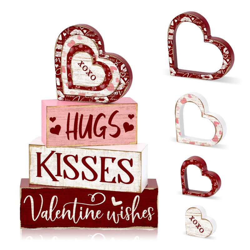 Britimes 7Pcs Valentineâ€™s Day Table Decor Hugs Kisses Red Valentine Heart Tiered Tray Decorations Set Rustic Farmhouse Wooden Stack Block Signs Tabletop Decor for Table & Home Office Gift - Image 1
