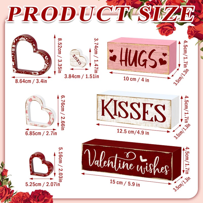 Britimes 7Pcs Valentineâ€™s Day Table Decor Hugs Kisses Red Valentine Heart Tiered Tray Decorations Set Rustic Farmhouse Wooden Stack Block Signs Tabletop Decor for Table & Home Office Gift - Image 3