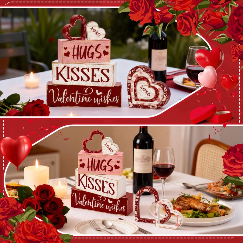 Britimes 7Pcs Valentineâ€™s Day Table Decor Hugs Kisses Red Valentine Heart Tiered Tray Decorations Set Rustic Farmhouse Wooden Stack Block Signs Tabletop Decor for Table & Home Office Gift - Image 5