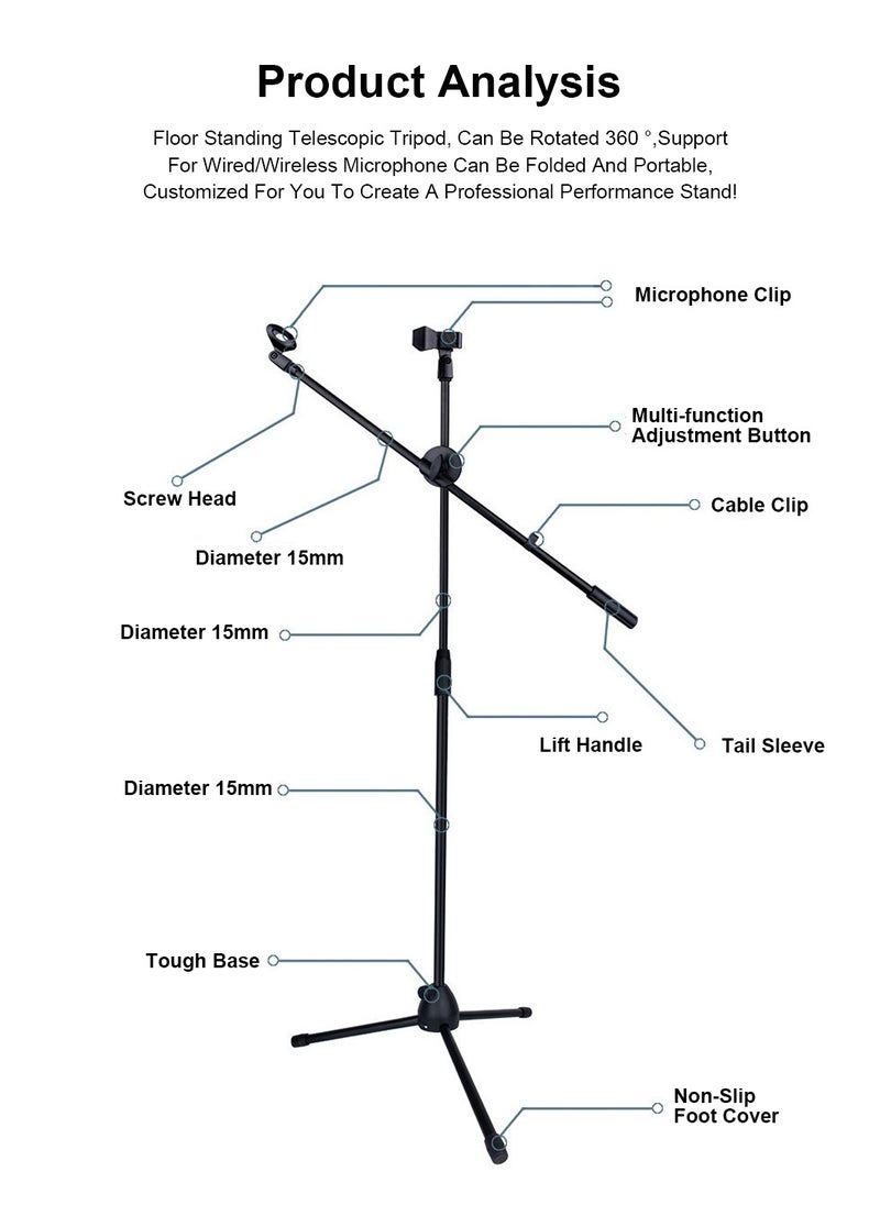 ET-LIFE - Double Clips Microphone Tripod Floor Stand for Performances, Karaoke, Dancing, and Mobile Live Streaming, 103B Black - Image 1