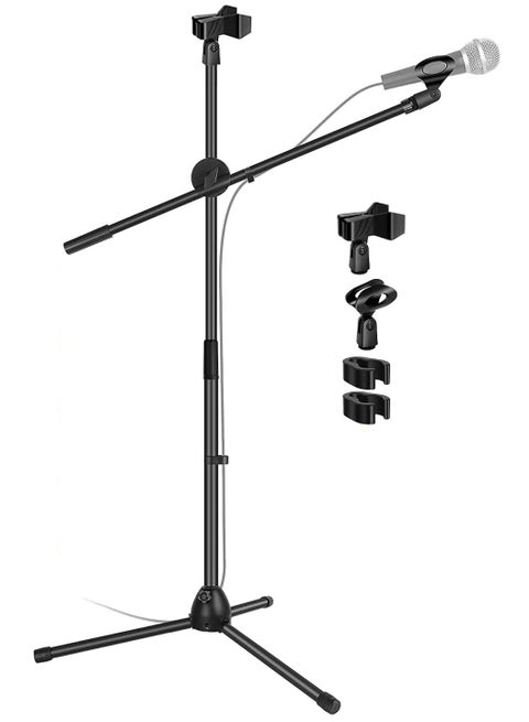 Double Clips Microphone Tripod Floor Stand for Performances, Karaoke, Dancing, and Mobile Live Streaming, 103B Black