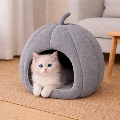 Zexsazone Summer Cat House, Portable Cat Bed with Removable Cushion, 2-in-1 Washable Cozy Puppy Bed Hut Cat Cave, Foldable Warm for Pets Puppy Kitten Rabbit (Grey, Shape - Pumpkin) - Image 1