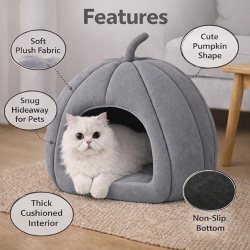 Zexsazone Summer Cat House, Portable Cat Bed with Removable Cushion, 2-in-1 Washable Cozy Puppy Bed Hut Cat Cave, Foldable Warm for Pets Puppy Kitten Rabbit (Grey, Shape - Pumpkin) - Image 5