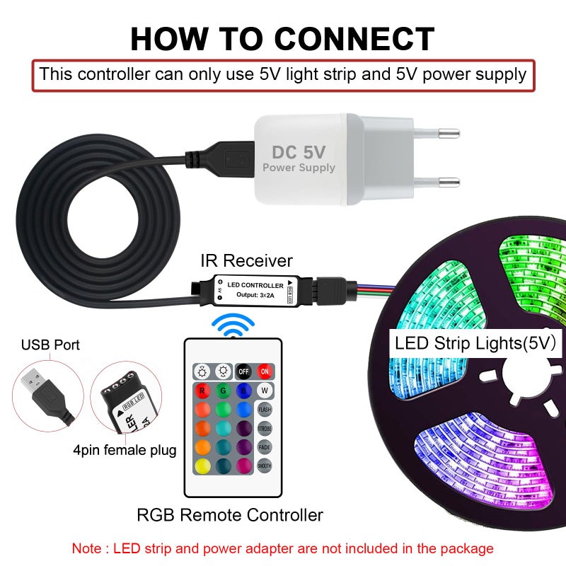 VIPMOON 1M USB DC 5V Inline IR Remote Controller with 24 Key Wireless Led Light Remote Controller Replacement for 5050 3528 5V RGB 4-PIN LED Strip Lights - Image 2