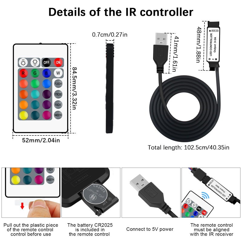 VIPMOON 1M USB DC 5V Inline IR Remote Controller with 24 Key Wireless Led Light Remote Controller Replacement for 5050 3528 5V RGB 4-PIN LED Strip Lights - Image 3