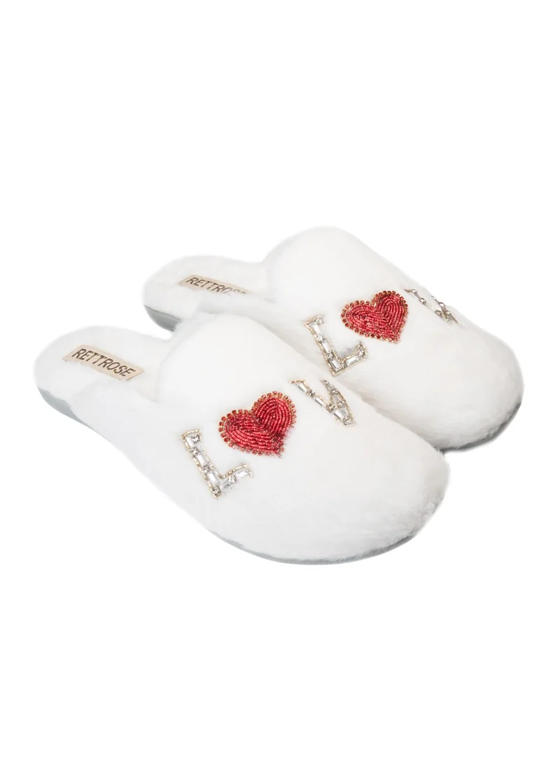 RETTROSE Anastasia Cream Women’s Luxury Slippers – Handmade White Faux Fur Slippers with Diamanté Love Appliqué | RETTROSE