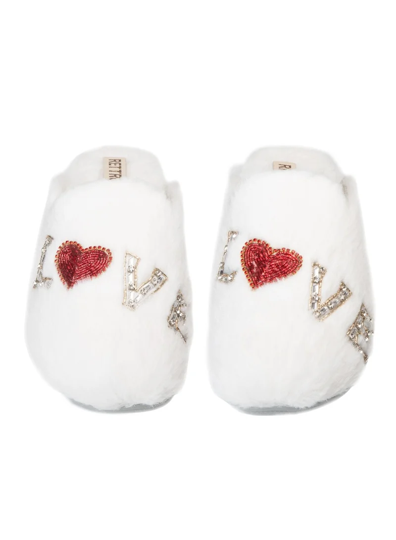 RETTROSE Anastasia Cream Women’s Luxury Slippers – Handmade White Faux Fur Slippers with Diamanté Love Appliqué | RETTROSE