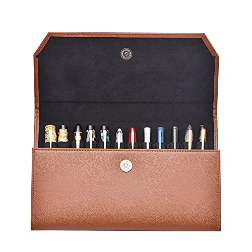 erofa 12 Brown Fountain Pen Case PU Leather Organizer Bag Portfolio, Waterproof Canvas Pen Display Holder with Divider Slot - Image 1
