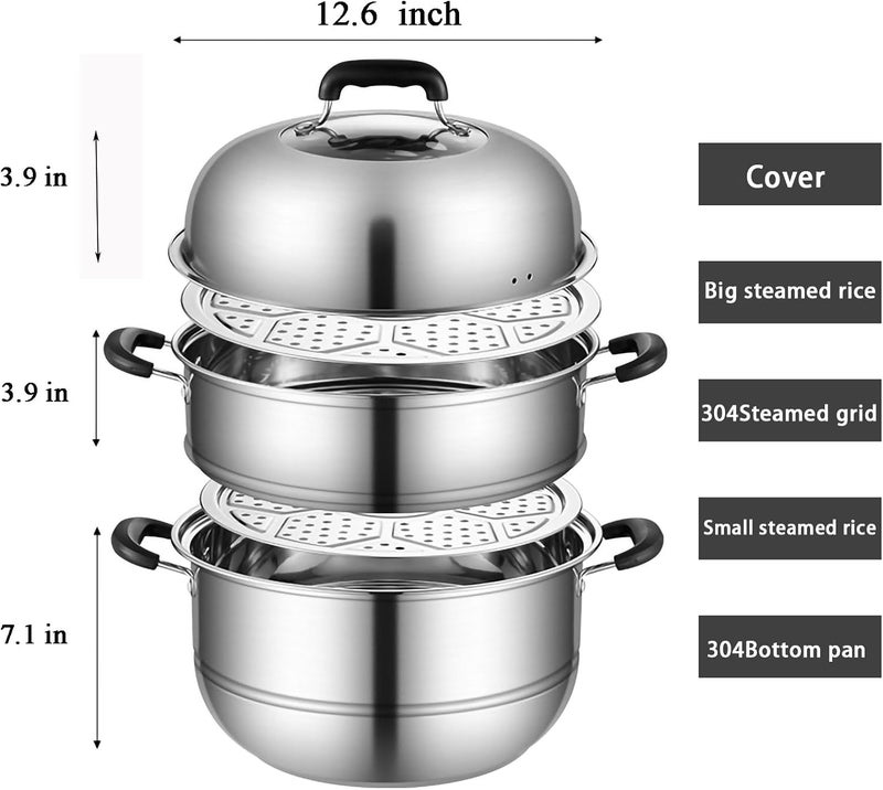 MANO Steamer Pot for Cooking 12.6 inch Steam Pots with Lid 2-tier Stainless Steel Steaming Pot Multipurpose Cookware with Handle for Vegetable, Dumpling, Stock, Sauce, Food… - Image 2