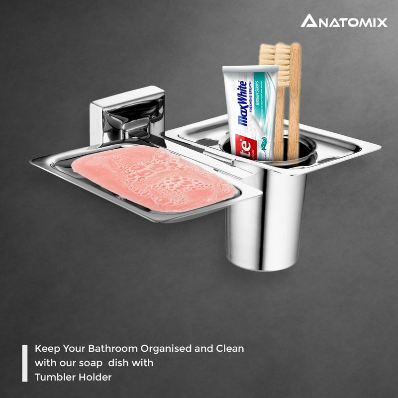 ANATOMIX Stainless Steel 2in1 Tumbler Holder with Soap Dish/Soap Stand/Tooth Brush Holder/Bathroom Accessories(Chrome Finish) - Pack of 2 - Image 3
