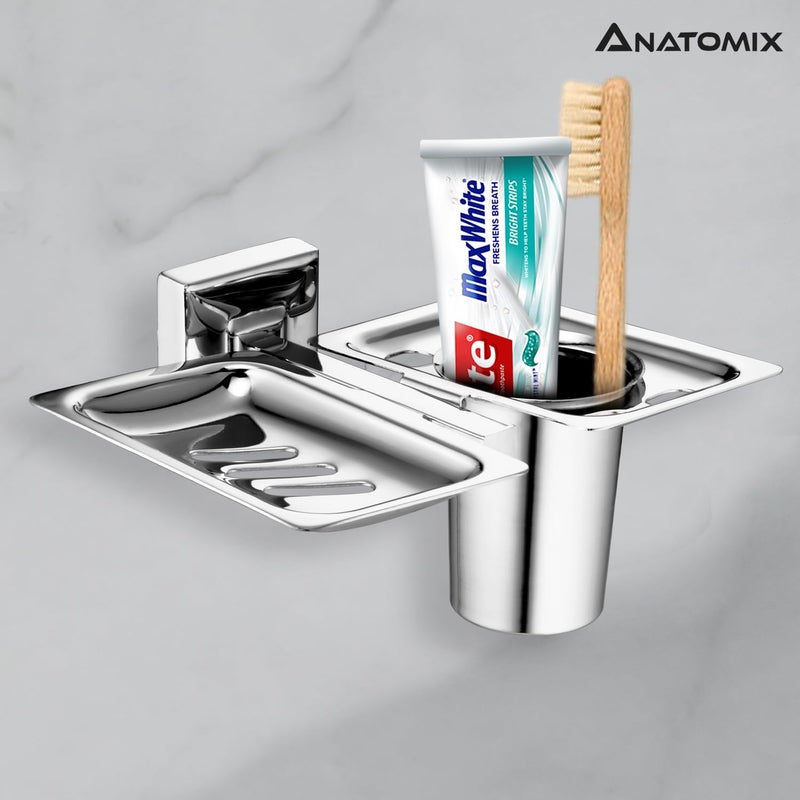 ANATOMIX Stainless Steel 2in1 Tumbler Holder with Soap Dish/Soap Stand/Tooth Brush Holder/Bathroom Accessories(Chrome Finish) - Pack of 2 - Image 4