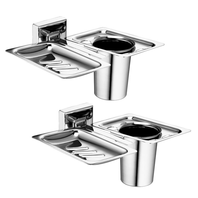ANATOMIX Stainless Steel 2in1 Tumbler Holder with Soap Dish/Soap Stand/Tooth Brush Holder/Bathroom Accessories(Chrome Finish) - Pack of 2 - Image 1