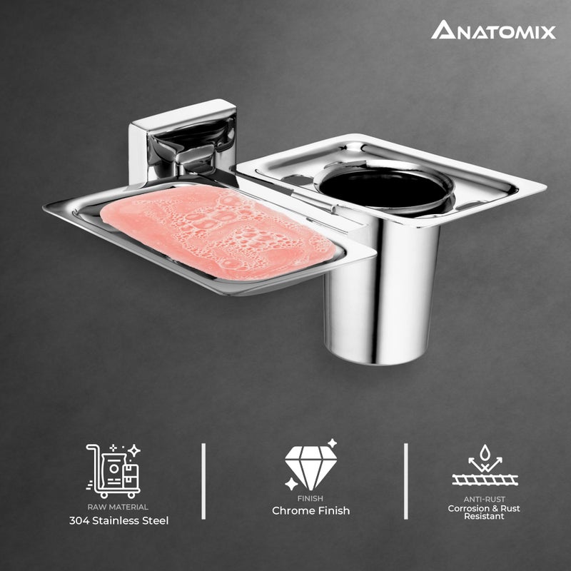 ANATOMIX Stainless Steel 2in1 Tumbler Holder with Soap Dish/Soap Stand/Tooth Brush Holder/Bathroom Accessories(Chrome Finish) - Pack of 2 - Image 2