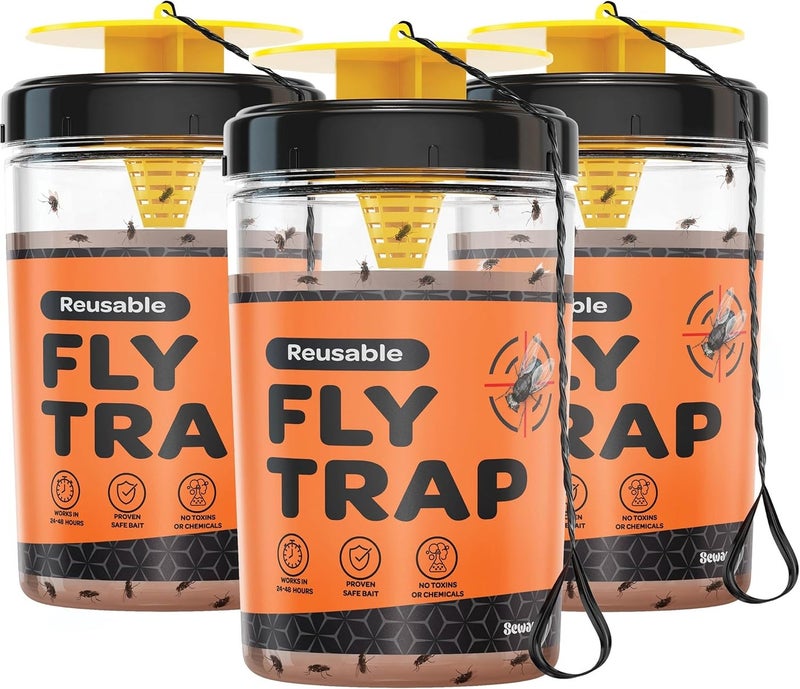 Fly Traps Outdoor Set of 3 with Dissolvable NonToxic Bait Reusable Hanging Bug Catcher Killer for All Flies for Outside Bug Control Patios Barns Ranches Etc Hanging Fly Traps with Tie Included