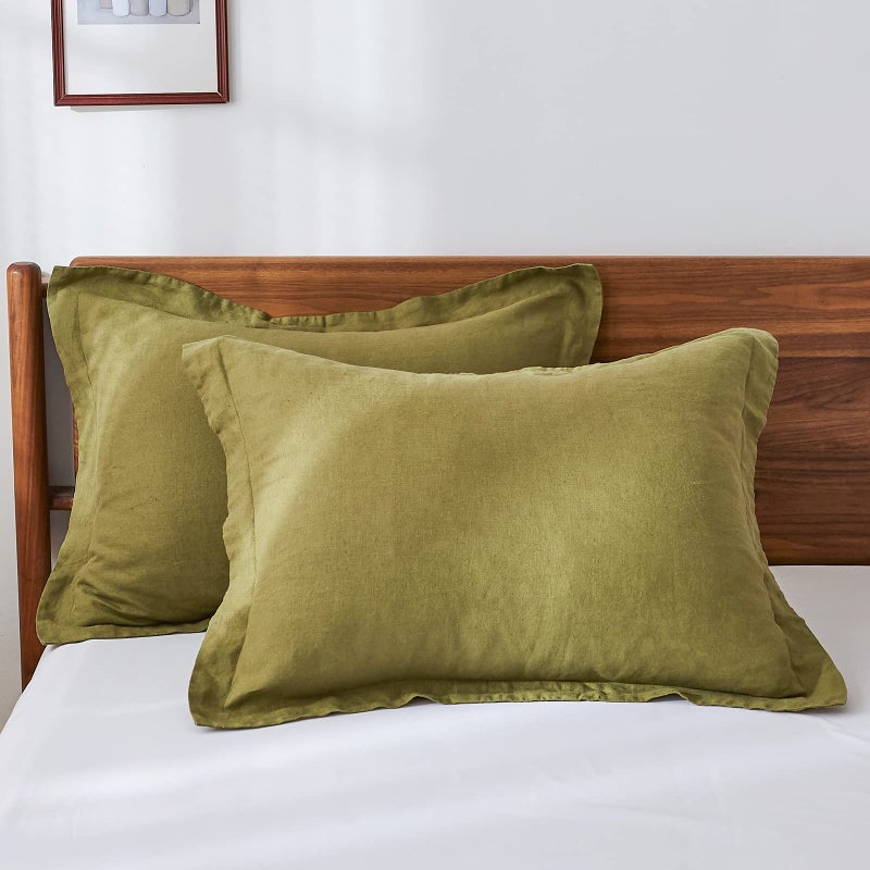 King Linens King Linens 100% French Linen Pillow Shams Basic Style - Pack of 2 - Washed Solid Color Natural Flax Soft Breathable - Olive  20'' x 26'' 