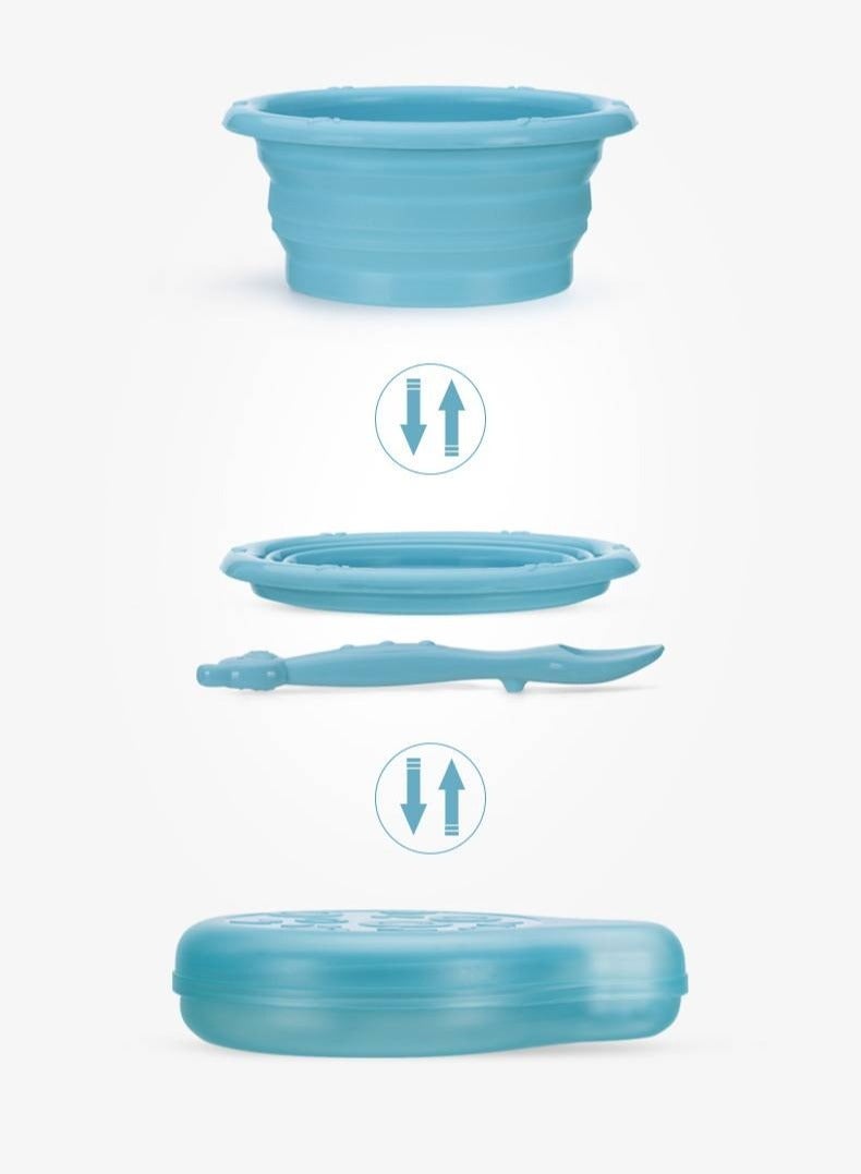 أطفال الهوغوز مجموعة إناء الطعام التكميلي للأطفال المزودة بمواد سيليكون قابلة للطي للأكل المحمول (أزرق) - Image 4