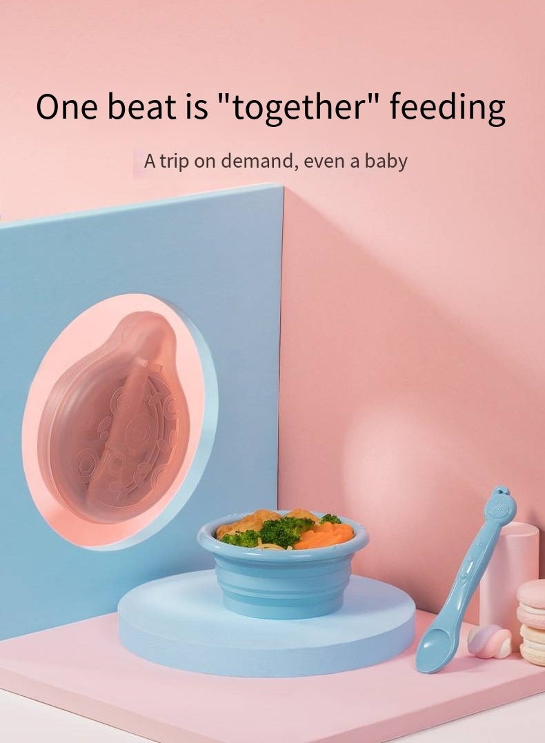 أطفال الهوغوز مجموعة إناء الطعام التكميلي للأطفال المزودة بمواد سيليكون قابلة للطي للأكل المحمول (أزرق) - Image 2