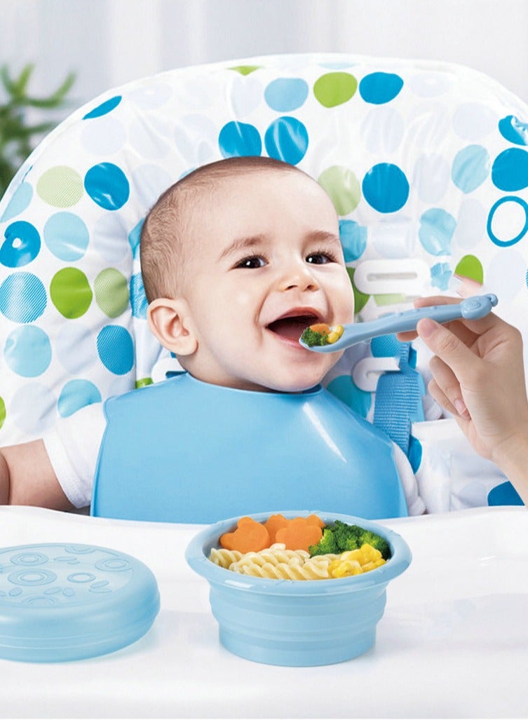 أطفال الهوغوز مجموعة إناء الطعام التكميلي للأطفال المزودة بمواد سيليكون قابلة للطي للأكل المحمول (أزرق) - Image 3