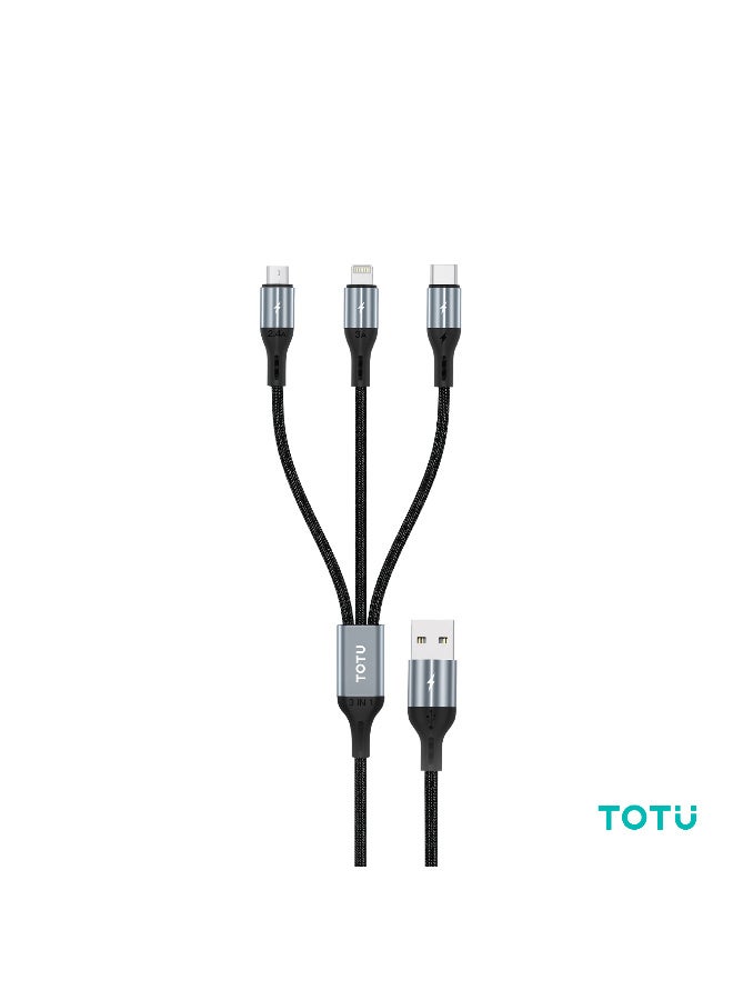 Totu 3-in-1 Fast Charging Cable (1.2m, 3.5A) - Multi-Port USB to Micro USB, Lightning, and Type-C Braided Data Sync Cord for iPhone, Samsung, Xiaomi - Black - Image 1