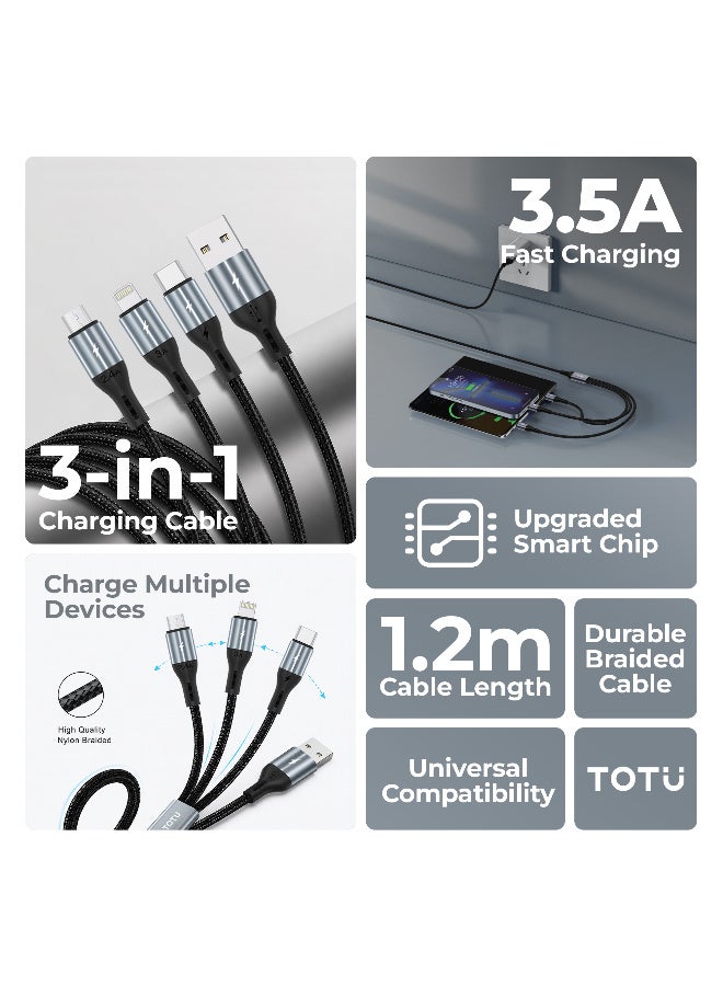 Totu 3-in-1 Fast Charging Cable (1.2m, 3.5A) - Multi-Port USB to Micro USB, Lightning, and Type-C Braided Data Sync Cord for iPhone, Samsung, Xiaomi - Black - Image 2