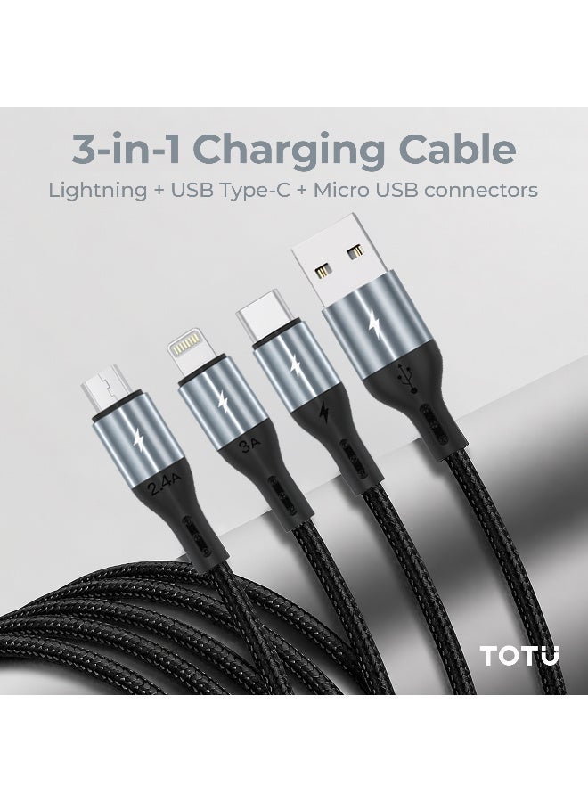 Totu 3-in-1 Fast Charging Cable (1.2m, 3.5A) - Multi-Port USB to Micro USB, Lightning, and Type-C Braided Data Sync Cord for iPhone, Samsung, Xiaomi - Black - Image 3