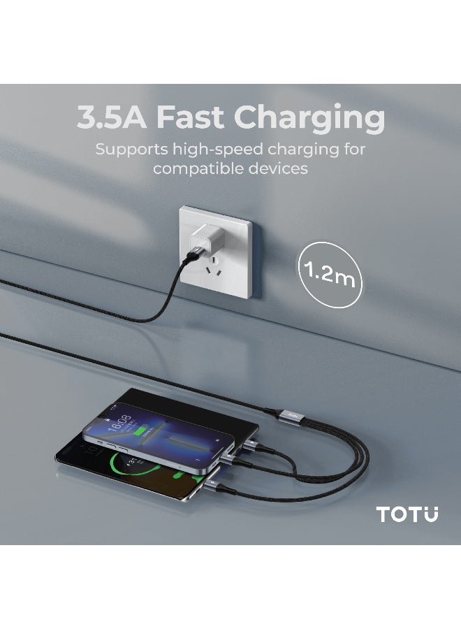 Totu 3-in-1 Fast Charging Cable (1.2m, 3.5A) - Multi-Port USB to Micro USB, Lightning, and Type-C Braided Data Sync Cord for iPhone, Samsung, Xiaomi - Black - Image 4