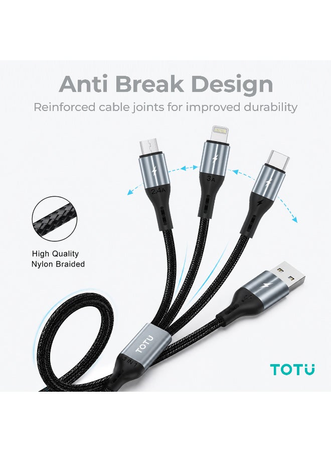Totu 3-in-1 Fast Charging Cable (1.2m, 3.5A) - Multi-Port USB to Micro USB, Lightning, and Type-C Braided Data Sync Cord for iPhone, Samsung, Xiaomi - Black - Image 5