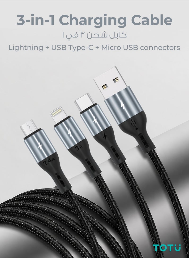 توتو كابل شحن سريع 3 في 1 (1.2 متر، 3.5 أمبير) - كابل مضفر متعدد المنافذ (USB إلى Micro USB وLightning وType-C) لنقل البيانات والشحن، متوافق مع هواتف iPhone وSamsung وXiaomi - لون أسود - Image 3