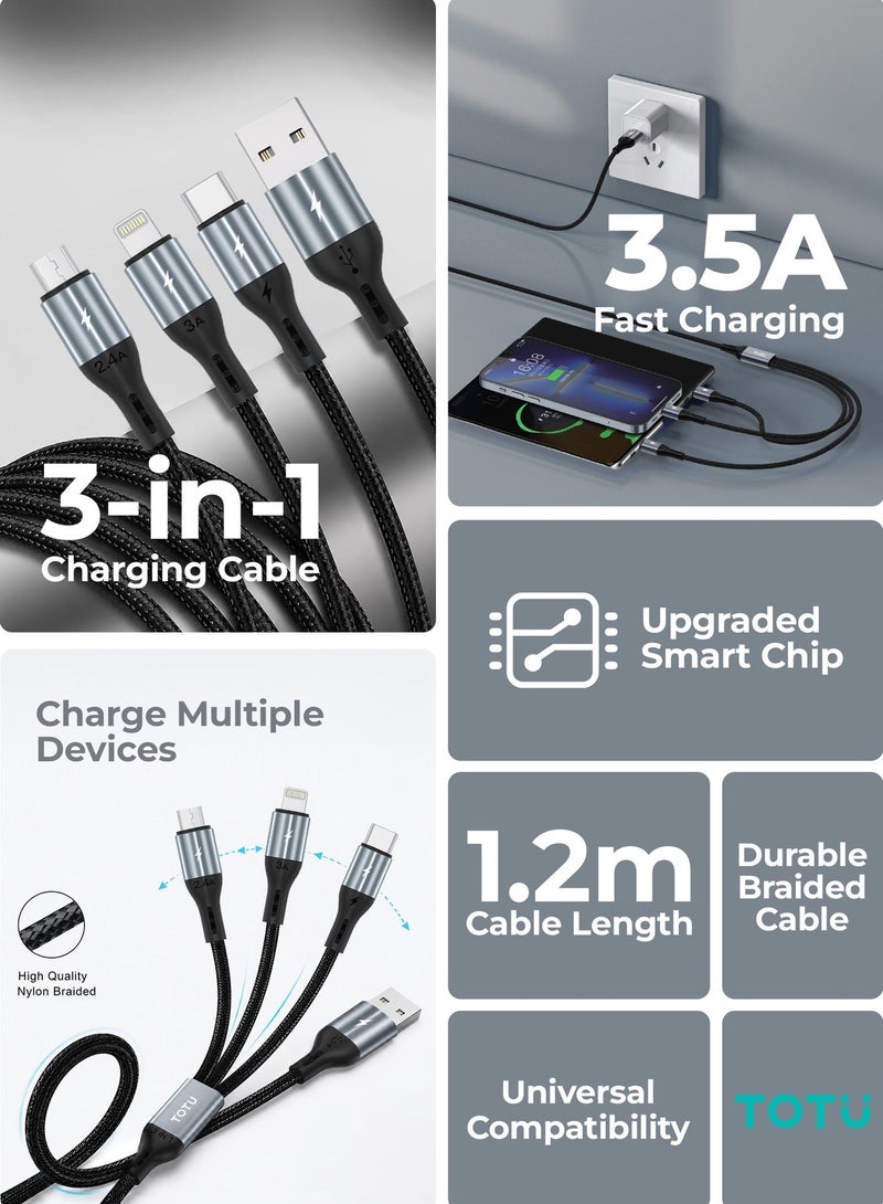 توتو كابل شحن سريع 3 في 1 (1.2 متر، 3.5 أمبير) - كابل مضفر متعدد المنافذ (USB إلى Micro USB وLightning وType-C) لنقل البيانات والشحن، متوافق مع هواتف iPhone وSamsung وXiaomi - لون أسود - Image 2