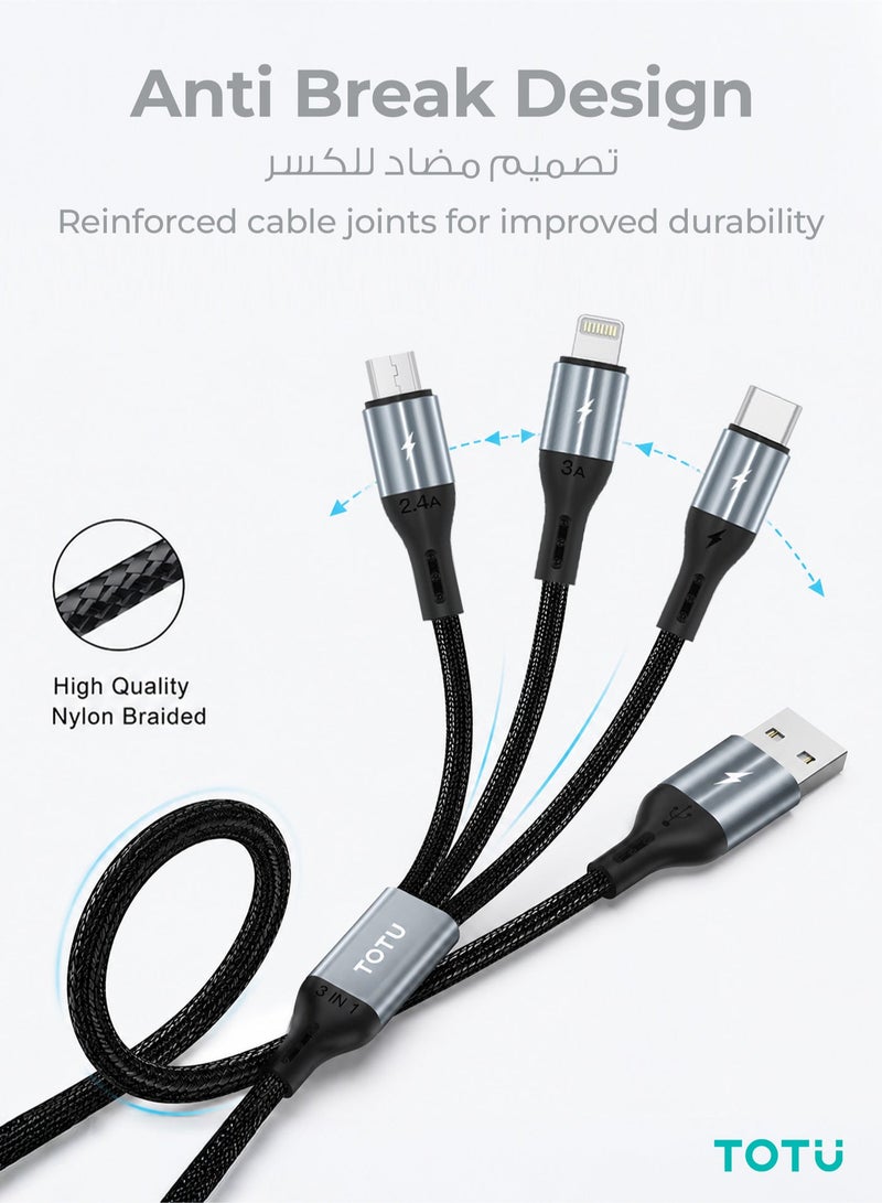 توتو كابل شحن سريع 3 في 1 (1.2 متر، 3.5 أمبير) - كابل مضفر متعدد المنافذ (USB إلى Micro USB وLightning وType-C) لنقل البيانات والشحن، متوافق مع هواتف iPhone وSamsung وXiaomi - لون أسود - Image 5