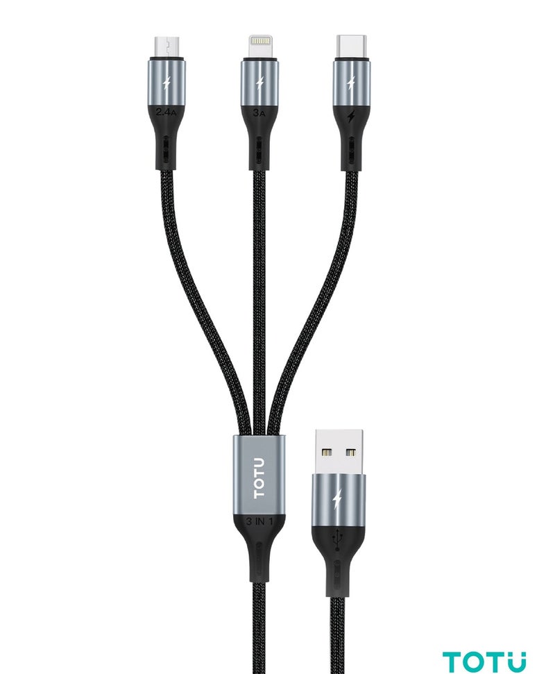 توتو كابل شحن سريع 3 في 1 (1.2 متر، 3.5 أمبير) - كابل مضفر متعدد المنافذ (USB إلى Micro USB وLightning وType-C) لنقل البيانات والشحن، متوافق مع هواتف iPhone وSamsung وXiaomi - لون أسود - Image 1